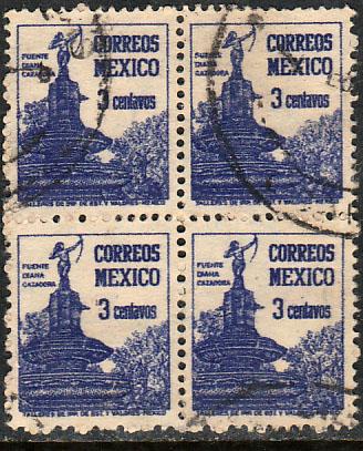 MEXICO 839, 3c DIANA FOUNTAIN, 1934 DEF ISSUE. Used block of four. F-VF.  (284)