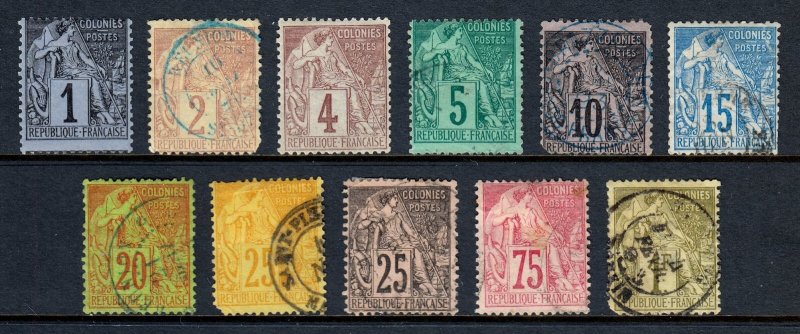 FRENCH COLONIES — SCOTT 46/59 — 1881-86 COMMERCE ISSUE — USED — SCV $158