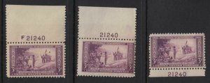 1934 Wisconsin Tercentenary 3c purple Sc 739 MNH matched plate number 21240 (K