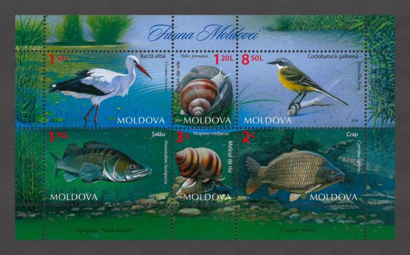 Moldova 2014 Fauna (Birds, Fish, Snail), 6 MNH stamps sheet