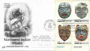 1980 FDC, #1834, 15c Northwest Indian Masks, Art Craft, plate block of 4