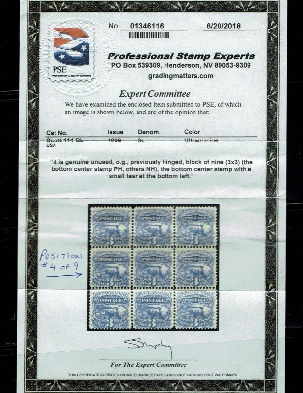 Scott #114 Fine-OG-NH. With 2018 PF certiticate. A Showpiece