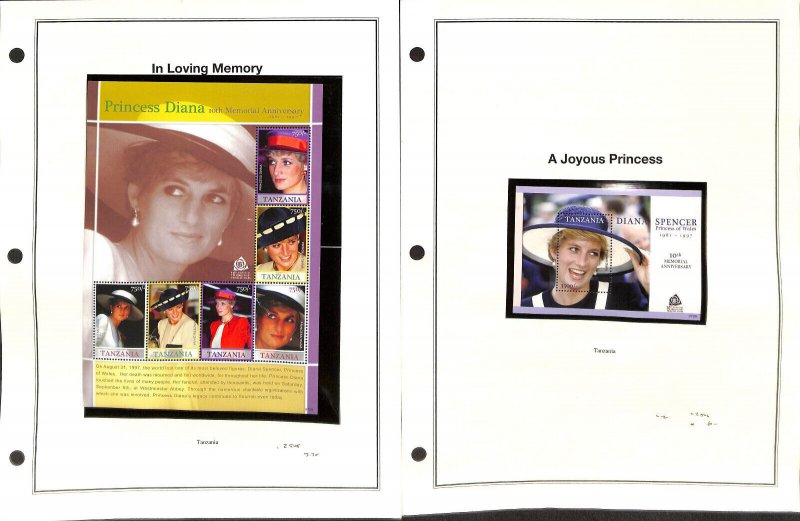Princess Diana Stamp Collection on 14 Mystic Pages MNH, Tanzania - Zambia (BL)