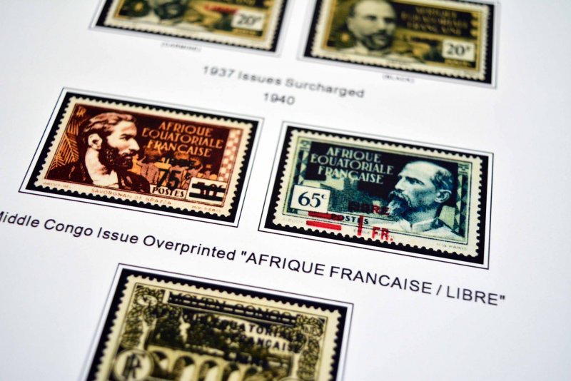 COLOR PRINTED FRENCH EQT. AFRICA 1936-1958 STAMP ALBUM PAGES (30 illustr. pages)