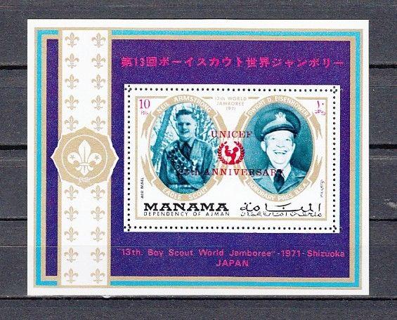 Manama, Mi cat. 890, BL170 A. Scout s/sheet. Neil Armstrong & Eisenhower shown.