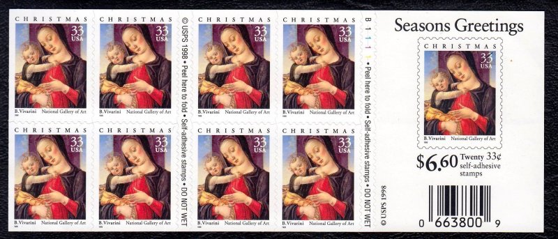 United States 1999 Christmas Complete MNH Booklet Pane (Under FV $6.6) SC 3355a