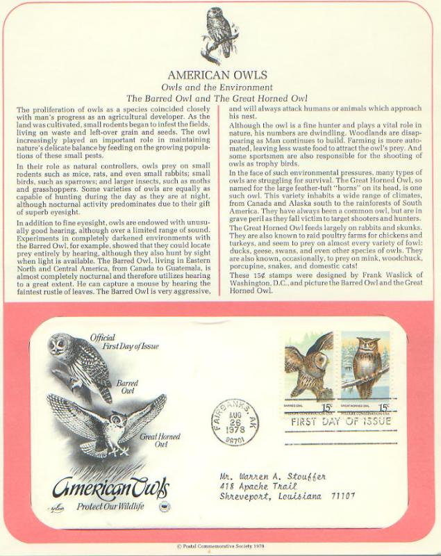 Owls, FDC's (USHFDC1762-3)