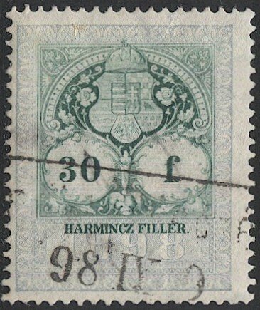 HUNGARY 1898 30f Revenue Bft 172 Used, Wmk kr in circle