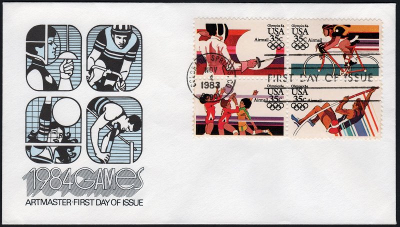 SC#C109-112 35¢ Summer Olympics Block of Four FDC: Artmaster (1984) Unaddressed
