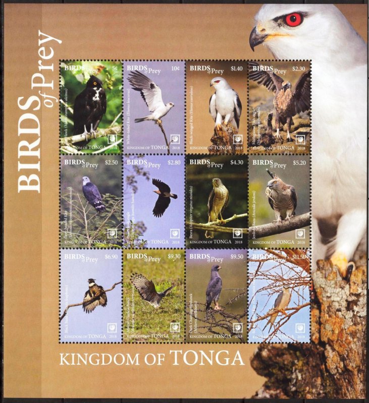 Tonga 2018 Birds of Pey Sheet of 12 MNH Mi. 2218/29 70,00 Eur.