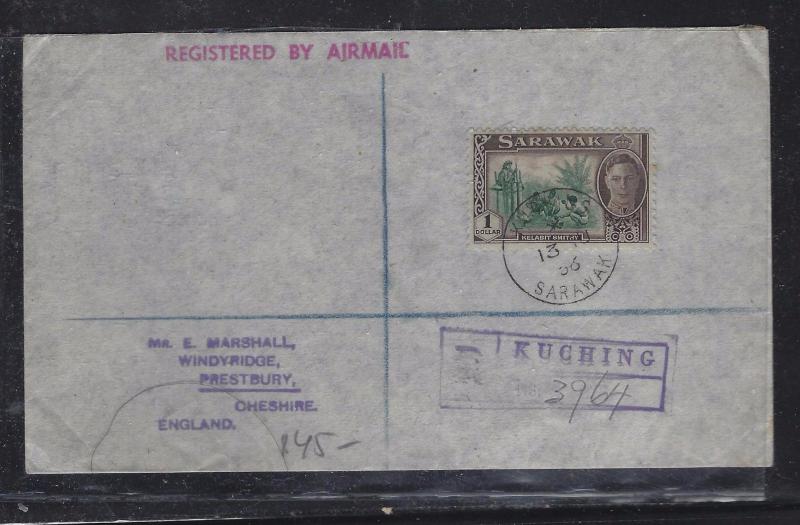   SARAWAK POSTAL HISTORY (PP1509B) 1958  KGVI $1.00 KUCHING REG TO ENGLAND