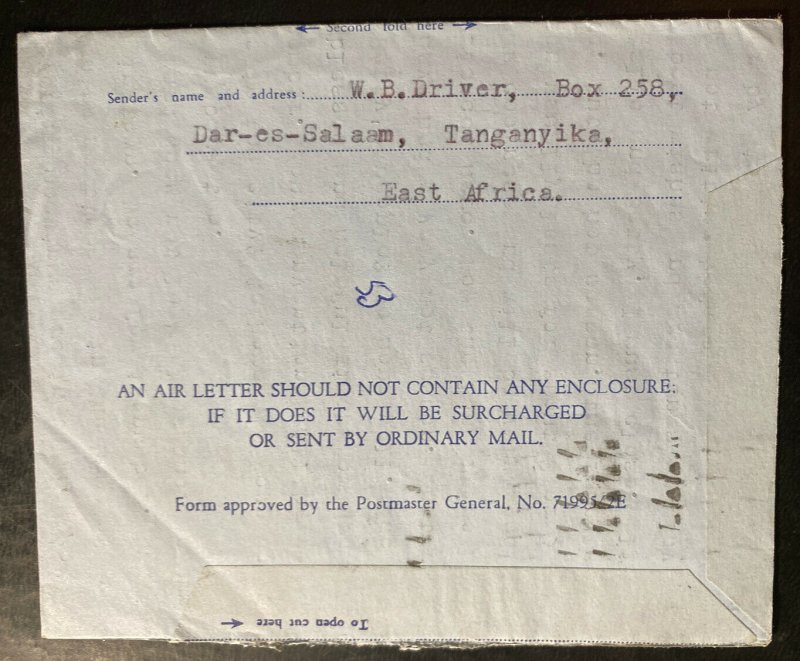 1959 Dar Es Salam Tanganyika Air Letter Cover To Belfast Northern Ireland 