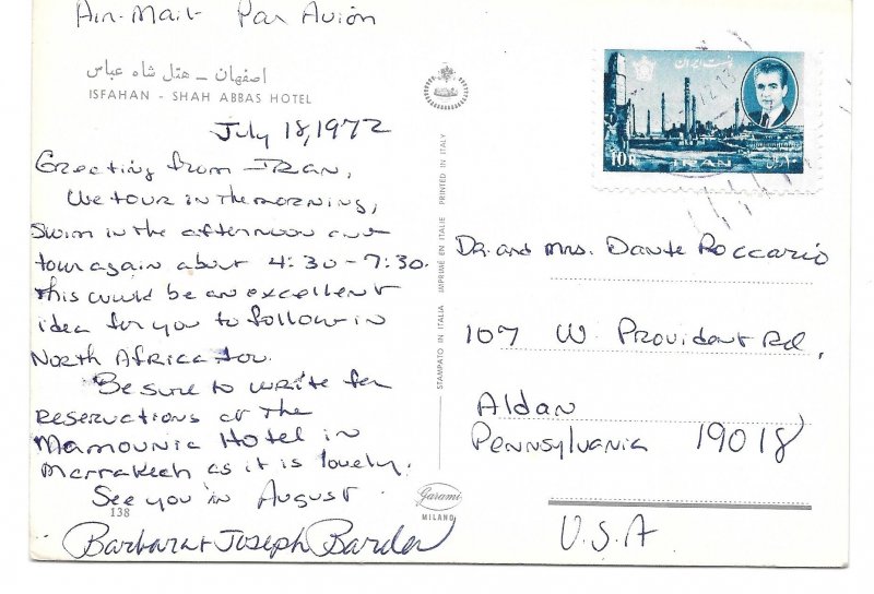Iran Sc 1381 Shah 10R Ruins of Persepolis on Air Mail postcard to US 1972