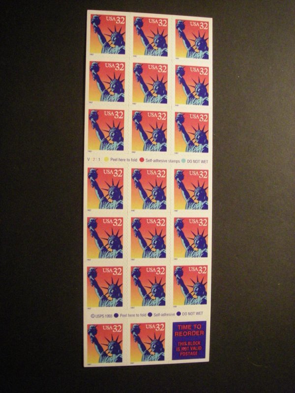 Scott 3122Ef, 32c Statue of Liberty, Pane of 20, #V1211, MNH Booklet, CV $30