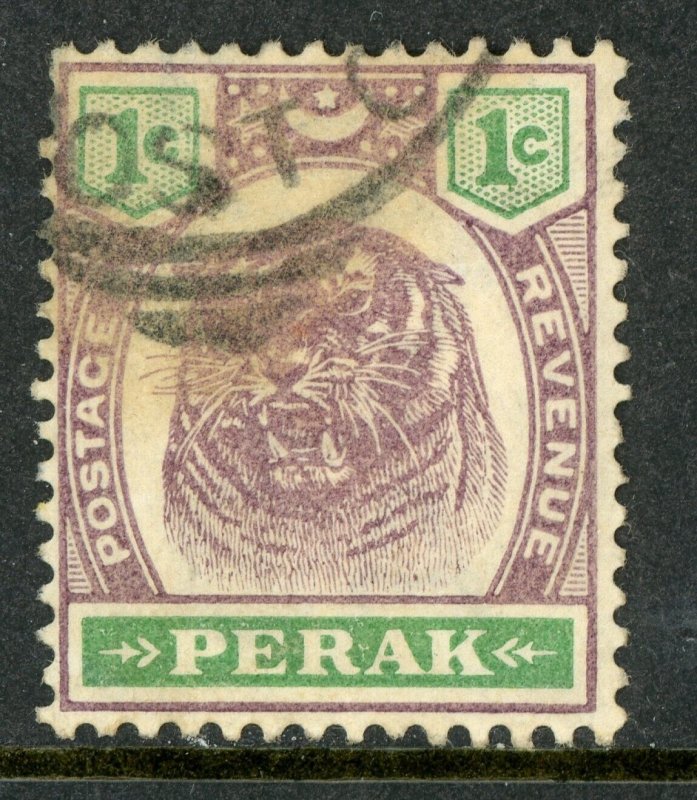 Malaya 1895 Perak 1¢ Lilac & Green Tiger Scott 47 VFU K66 ✔️