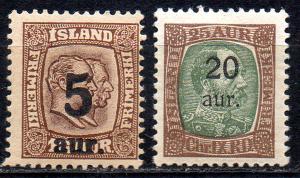 ICELAND. 1921. Overprint. Chr. IX. 20/25aur and Two Kings 5/16aur.