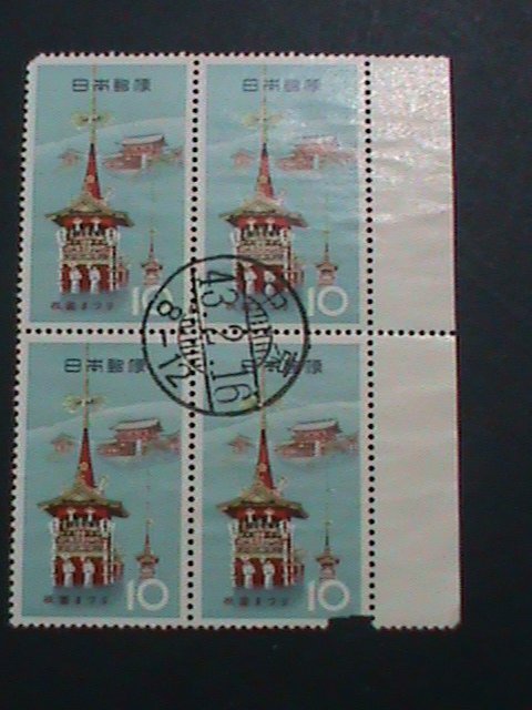 JAPAN STAMP-1943-BEAUTIFUL CANCEL PAGODA USED BLOCK OF-4 ALMOST 80 YEARS OLD