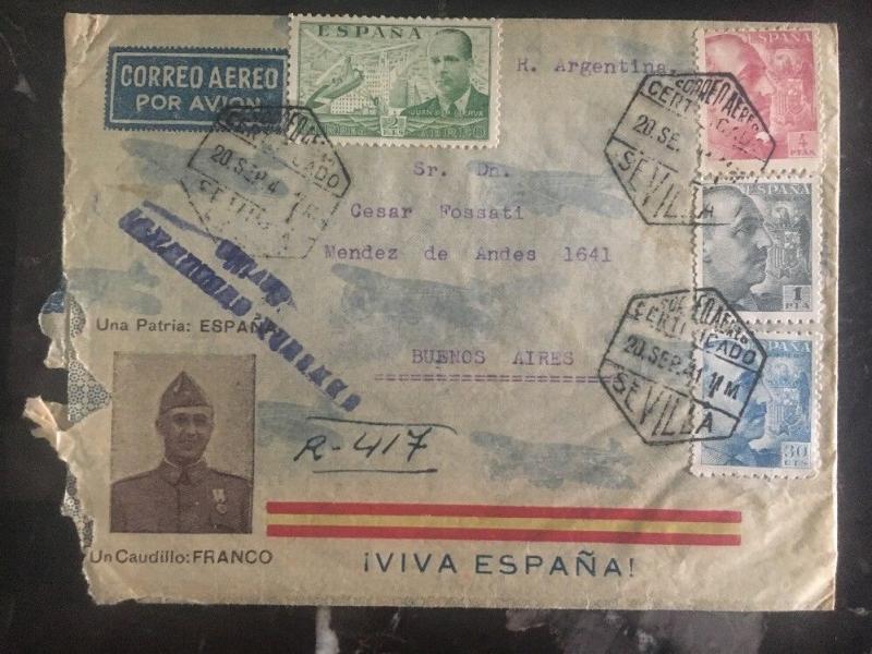 1941 Sevilla Spain Registered Patriotic Cover To Buenos Aires Argentina