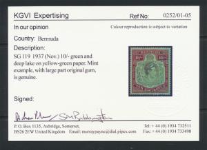 BERMUDA 1937 10sh +CERTIFICATE, VF MLH SG#119 (SEE BELOW) 