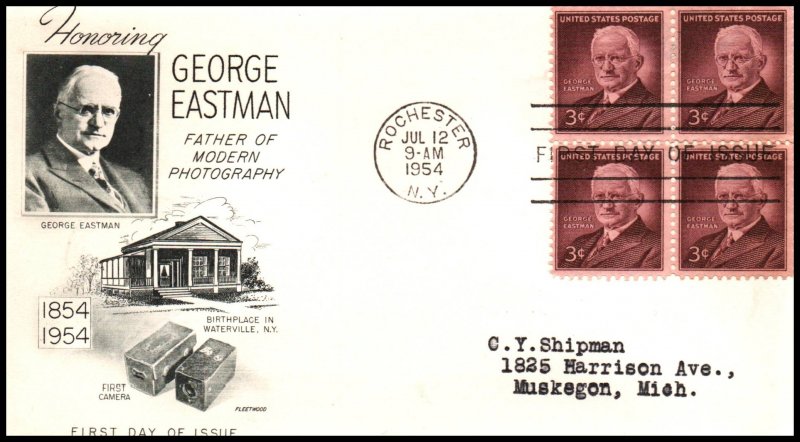 US 1062 George Eastman Block of Four Fleetwood Typed FDC