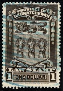 1938 Canada Revenue 1 Dollar Saskatchewan Law Stamp Used