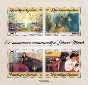 TOGO - 2023 - Edvard Munch, 80th Death Anniv - Perf 4v Sheet - Mint Never Hinged