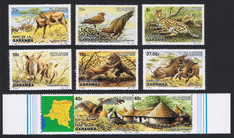 Zaire Birds Wild Animals Garamba 6v+strip of 2v with margins SG#1172-1179