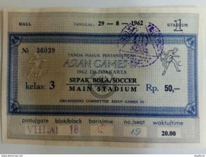 Indonesia Indonesie OLD ANTIQUE Doc. ASIAN GAMES IV ENTRANCE TICKET 1962 SOCCER