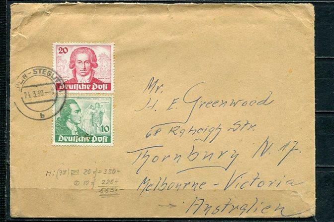 Germany 1950 Cover to Australia Mi 61-2 Goethe.Rare CV 300 euro g3152