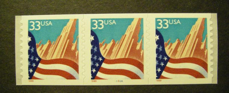 Scott 3281, 33 cent Flag over City, PNC3 #6666A, MNH Coil Beauty