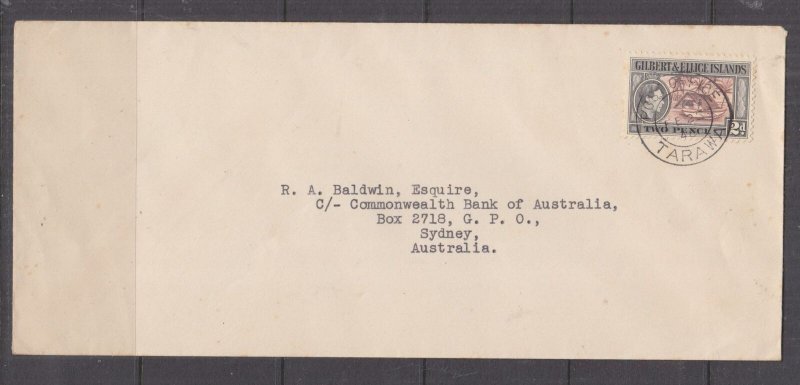 GILBERT & ELLICE ISLANDS, 1946 cover, KGVI 2d. TARAWA to Australia. 