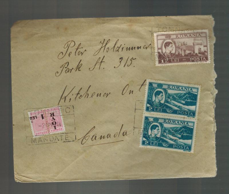 1948 Tomatic Mandate Romania Cover to CAnada Revenue Stamps