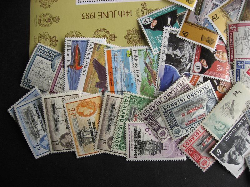 Scrap pile of 60 FALKLAND ISLANDS. Duplicates, mixed condition,what lurks?