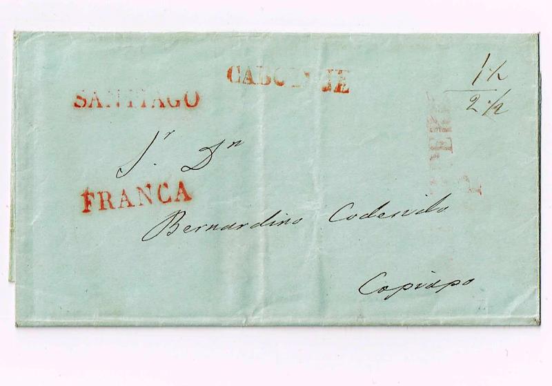 R) 1847 CHILE COLONIAL ENVELOPE WITH LETTER OF FRANCA, DE SANTIAGO TO COPIAPO