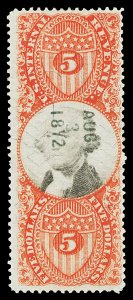 Scott R148 1872 $5.00 Third Issue Revenue Fine Cut Cancel Cat $20