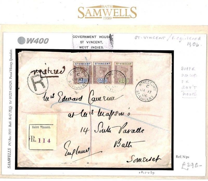 W400 St Vincent *GOVERNMENT HOUSE* W.Indies 1906 Registered Cover Bath Somerset