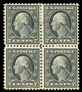 United States, 1910-30 #507 Cat$172, 1917-19 7c black, block of four, top sta...