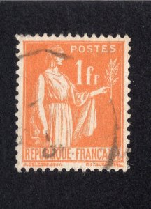 France 1932 1fr orange Olive Branch,  Scott 277 used, value = 25c