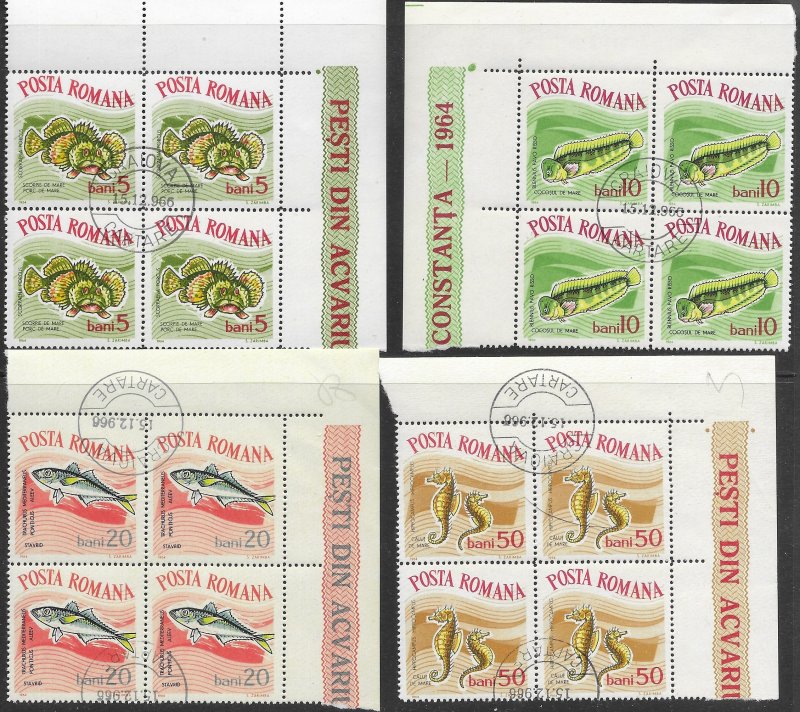 Romania #1635-1637, 1639 used. Fish - Corner Blocks of 4.  Very nice.