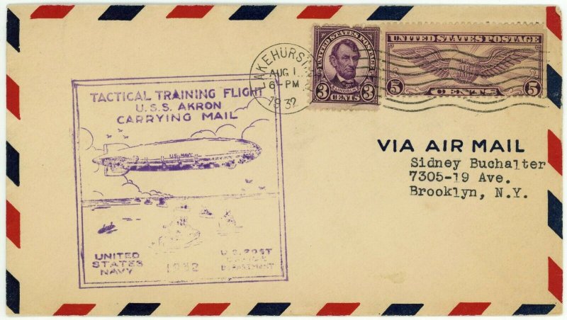 USA Airmail USS AKRON Tactical Training Flight Cachet 1932 Cover Postage Stamps