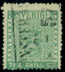 SWEDEN #1 (1) 3sk green, used w/1857 cancel, signed Sjomen and Strandell, scarce