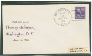 US 807 1938 3c Thomas Jefferson (presidential/prexy series) solo on an addressed (label) first day cover.