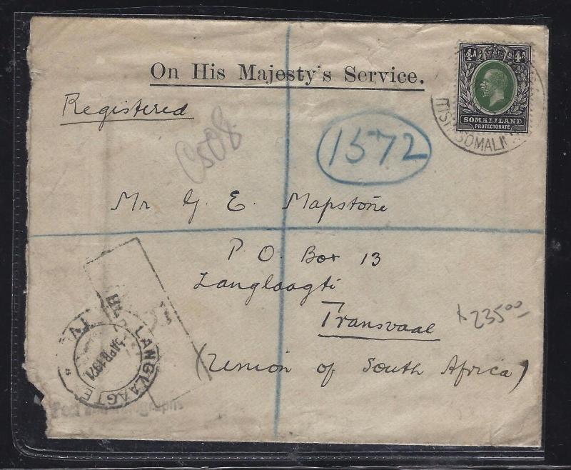 SOMALILAND COVER (P0312B) 1921  KGV  4A TO SOUTH AFRICA