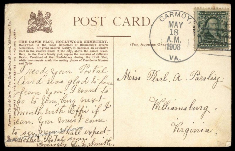 Virginia 1908 Carmoy VA DPO Open 1907-09 Helbock R5 Cover 92507