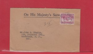 15 cent NFLD single use registered cover to USA 1940 OHMS Cover