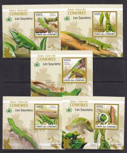 Comoros 2009 Lizards 5 S/Sheets Deluxe Edition MNH