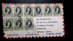 JAMAICA 1956 STRIP OF 09 STAMPS AIRMAIL COVER TO ENGLAND UNIQUEDESTINATION