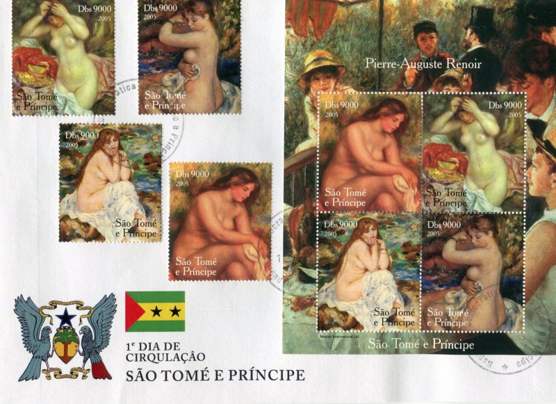 Sao Tome & Principe 2005 RENOIR Nudes Paintings set+ s/s Perforated in FDC