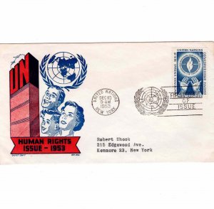 United Nations 1953 FDC Sc 21 Human Rights UN First Day Cachet Craft Ken Boll