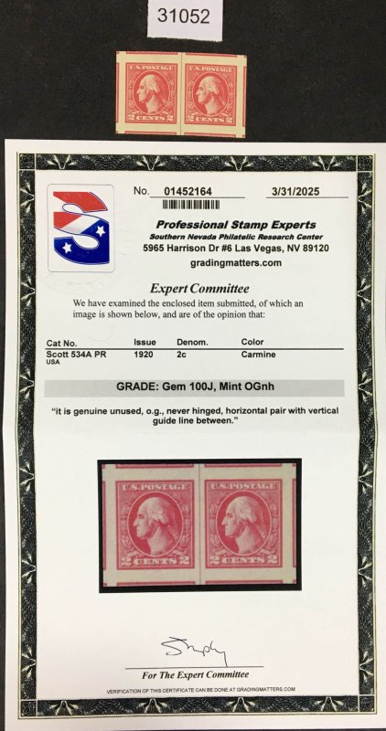 US # 534A LINE PAIR MINT OG NH PSE GRADED CERT GEM-100J SMQ $1,000 LOT #31052
